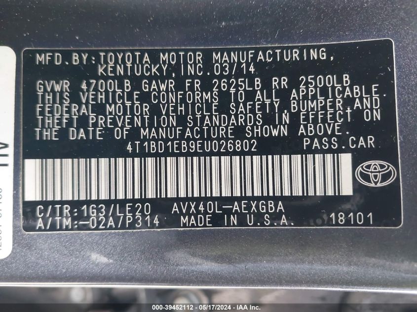 2014 Toyota Avalon Hybrid Xle Touring VIN: 4T1BD1EB9EU026802 Lot: 39452112