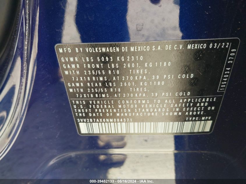 2022 Volkswagen Tiguan 2.0T Se VIN: 3VV2B7AX6NM084371 Lot: 39452133