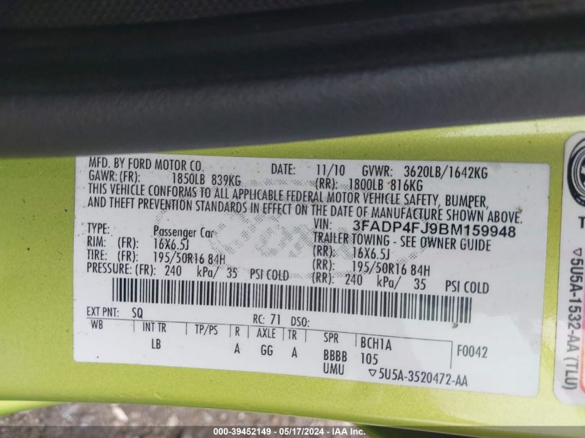 2011 Ford Fiesta Ses VIN: 3FADP4FJ9BM159948 Lot: 39452149