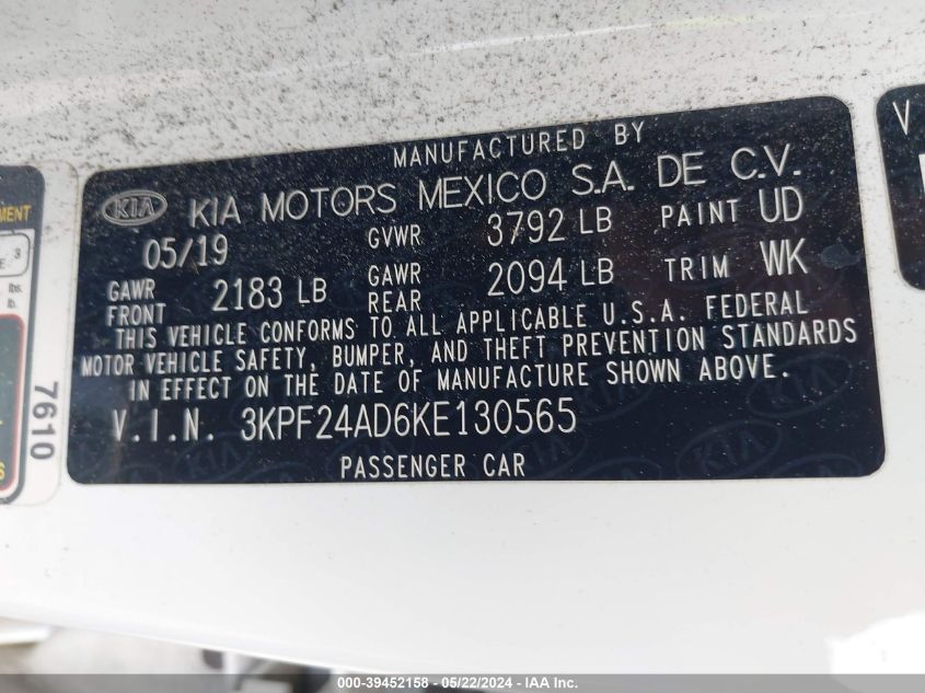 2019 Kia Forte Lxs VIN: 3KPF24AD6KE130565 Lot: 39452158