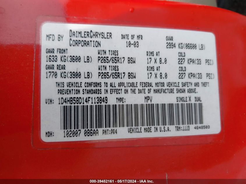 2004 Dodge Durango Limited VIN: 1D4HB58D14F113849 Lot: 39452161