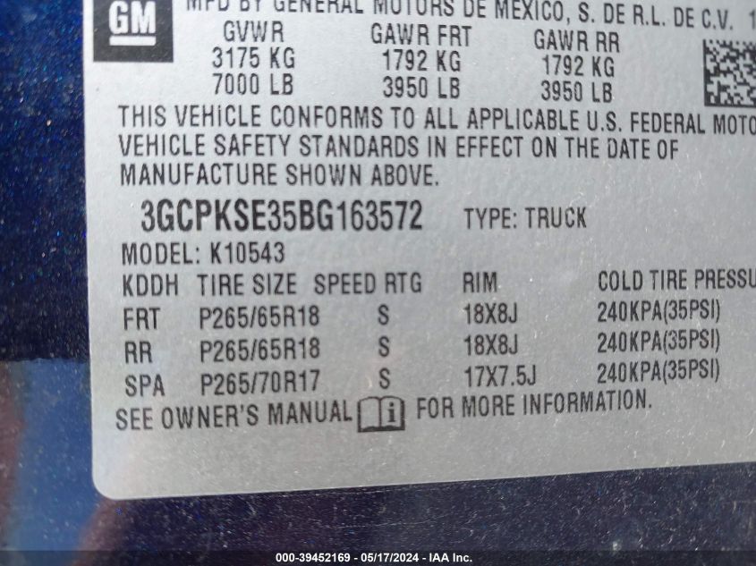 2011 Chevrolet Silverado 1500 Lt VIN: 3GCPKSE35BG163572 Lot: 39452169