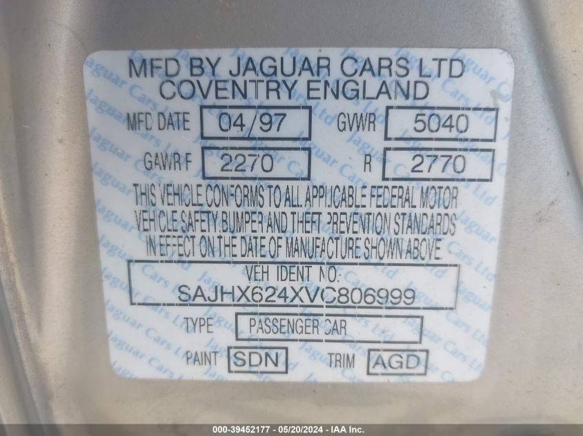 1997 Jaguar Xj6 L VIN: SAJHX624XVC806999 Lot: 39452177