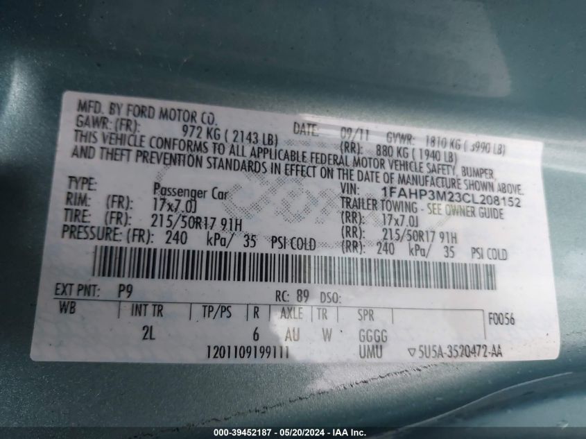 2012 Ford Focus Sel VIN: 1FAHP3M23CL208152 Lot: 39452187