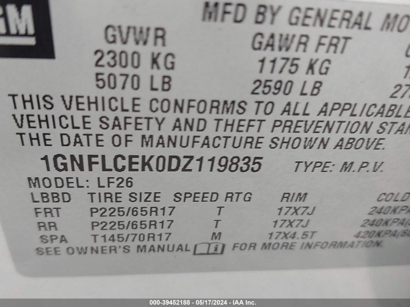 2013 Chevrolet Equinox Ls VIN: 1GNFLCEK0DZ119835 Lot: 39452188