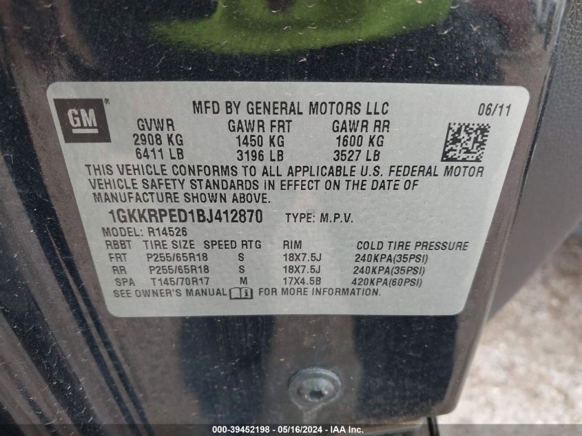 2011 GMC Acadia Sle VIN: 1GKKRPED1BJ412870 Lot: 39452198