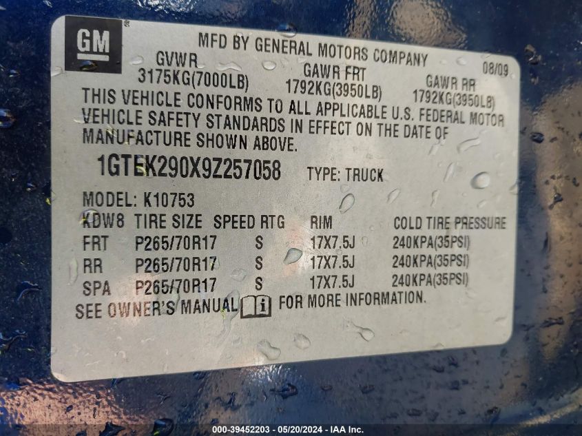 2009 GMC Sierra 1500 Sle VIN: 1GTEK290X9Z257058 Lot: 39452203