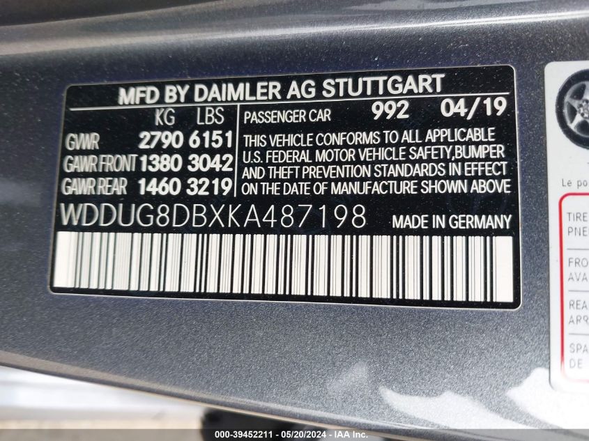 2019 Mercedes-Benz S 560 VIN: WDDUG8DBXKA487198 Lot: 39452211