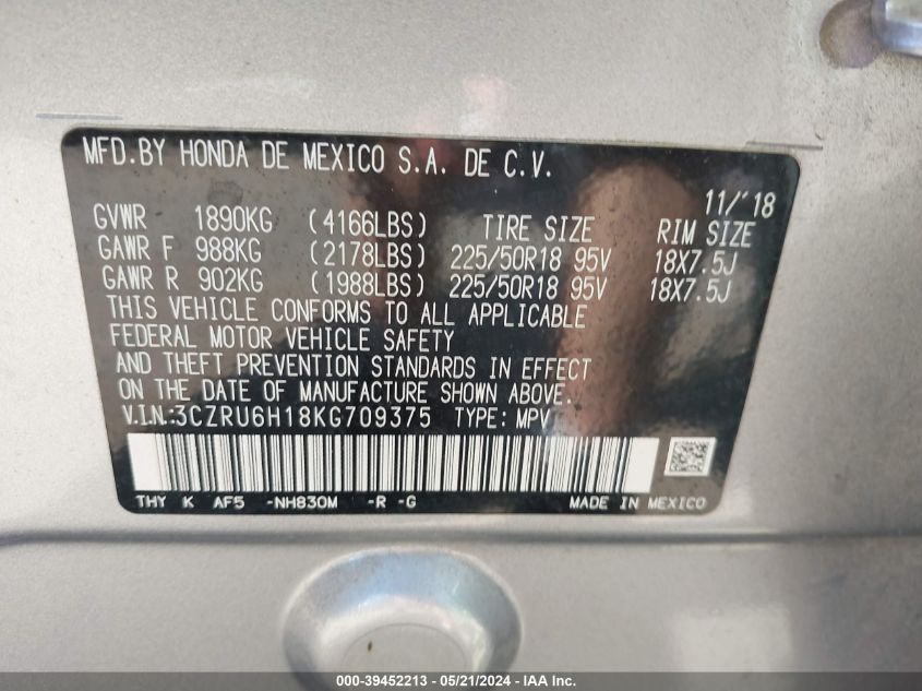 2019 Honda Hr-V Sport VIN: 3CZRU6H18KG709375 Lot: 39452213