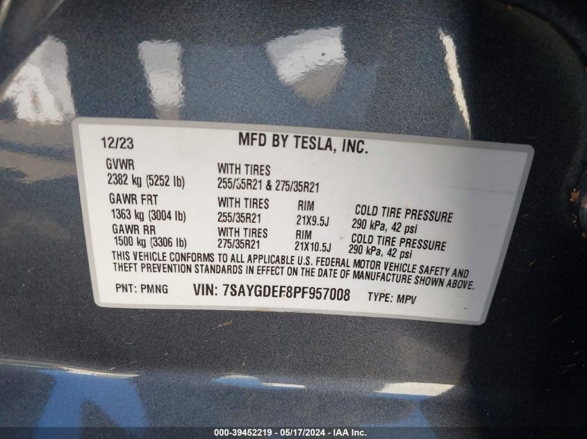 2023 Tesla Model Y VIN: 7SAYGDEF8PF957008 Lot: 39452219