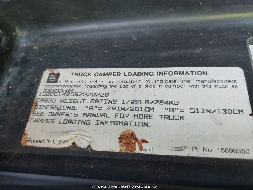 1994 Chevrolet Gmt-400 C1500 VIN: 1GBDC14Z5RZ270720 Lot: 39452228