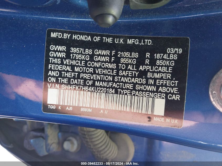 2019 Honda Civic Ex VIN: SHHFK7H64KU220184 Lot: 39452233