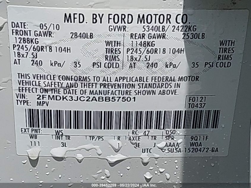 2FMDK3JC2ABB57501 2010 Ford Edge Sel