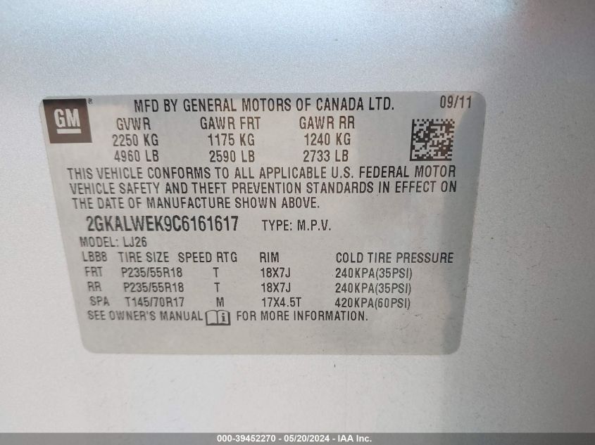 2012 GMC Terrain Slt-2 VIN: 2GKALWEK9C6161617 Lot: 39452270