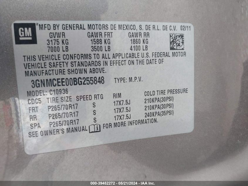 2011 Chevrolet Avalanche 1500 Ls VIN: 3GNMCEE00BG255848 Lot: 39452272