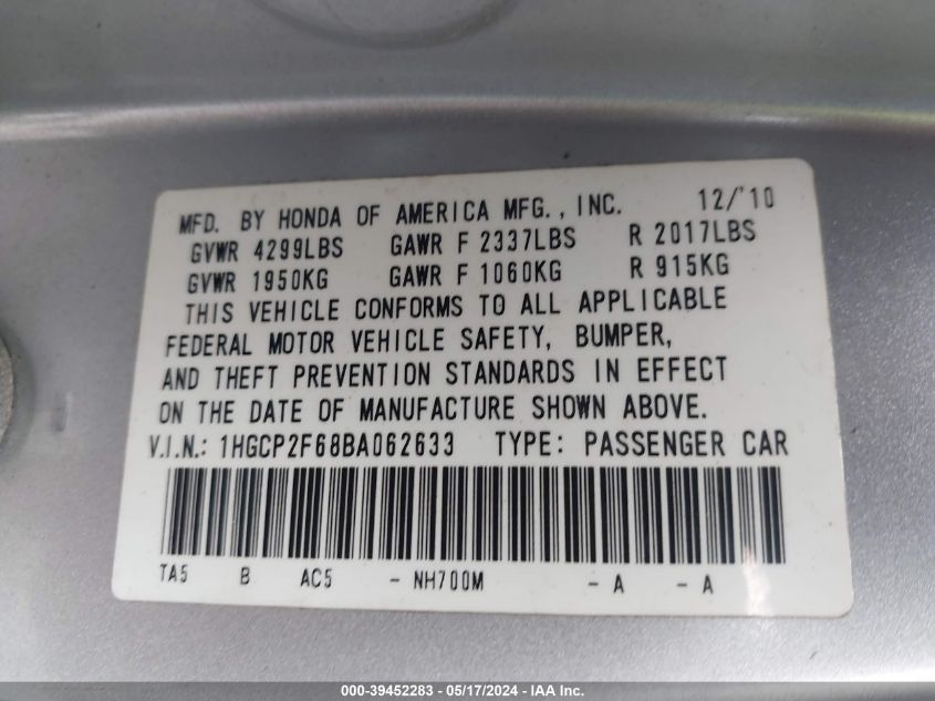 2011 Honda Accord Se VIN: 1HGCP2F68BA062633 Lot: 39452283