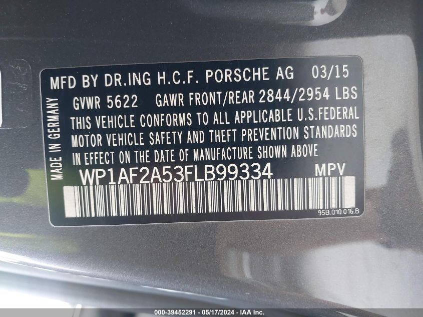 2015 Porsche Macan Turbo VIN: WP1AF2A53FLB99334 Lot: 39452291