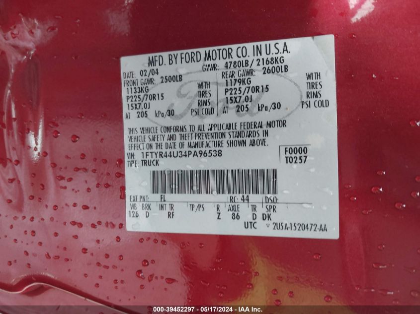 2004 Ford Ranger Edge/Tremor/Xlt VIN: 1FTYR44U34PA96538 Lot: 39452297