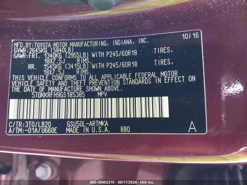 2016 Toyota Highlander Xle V6 VIN: 5TDKKRFH9GS185385 Lot: 39452310