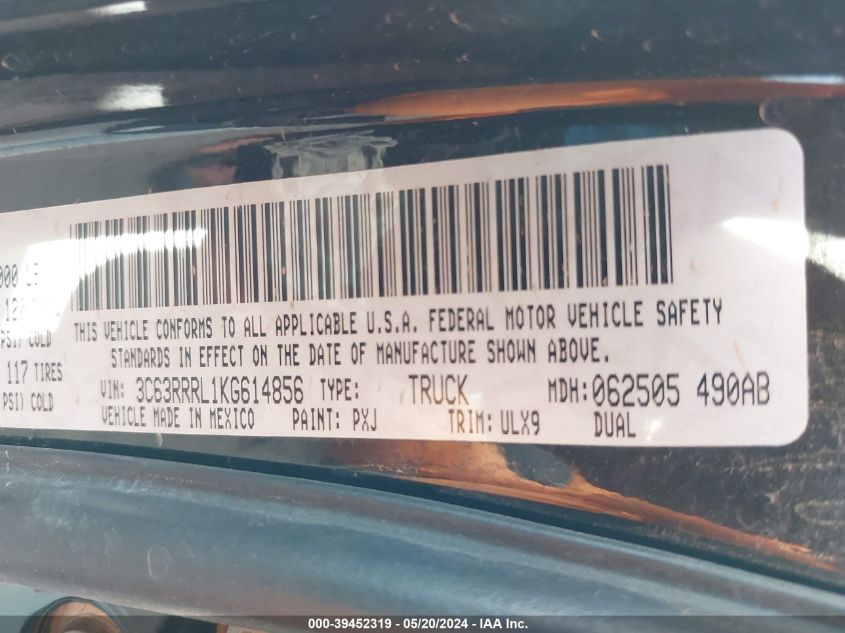2019 Ram 3500 Limited 4X4 8' Box VIN: 3C63RRRL1KG614856 Lot: 39452319