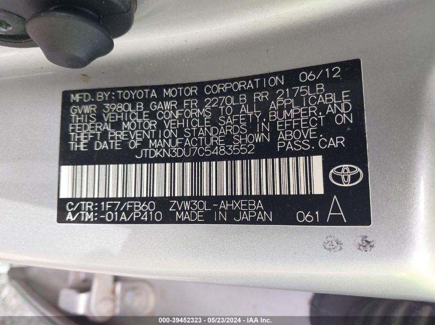 2012 Toyota Prius Three VIN: JTDKN3DU7C5483552 Lot: 39452323