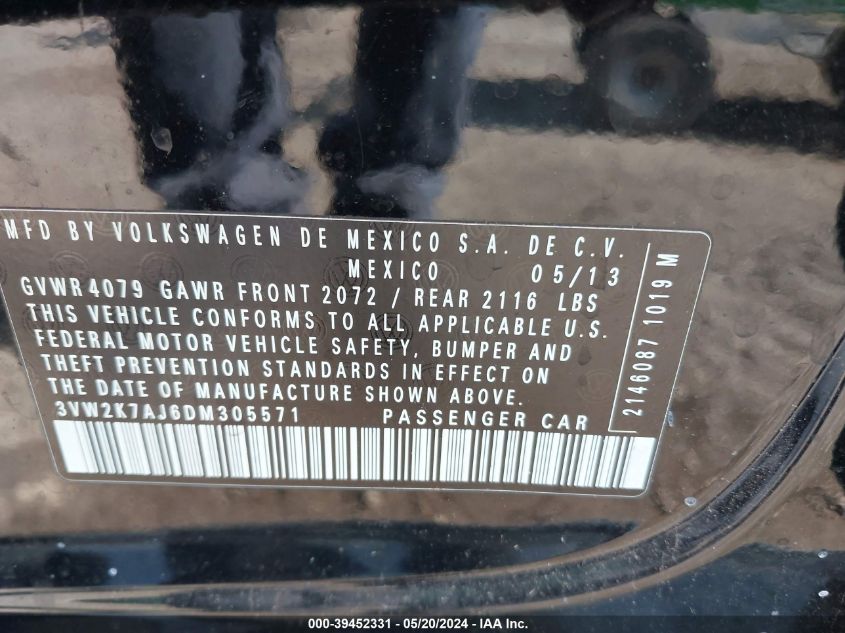 2013 Volkswagen Jetta 2.0L S VIN: 3VW2K7AJ6DM305571 Lot: 39452331