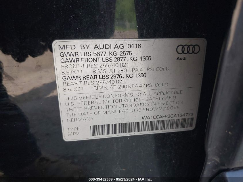 2016 Audi Sq5 3.0T Premium Plus VIN: WA1CCAFP3GA134773 Lot: 39452339