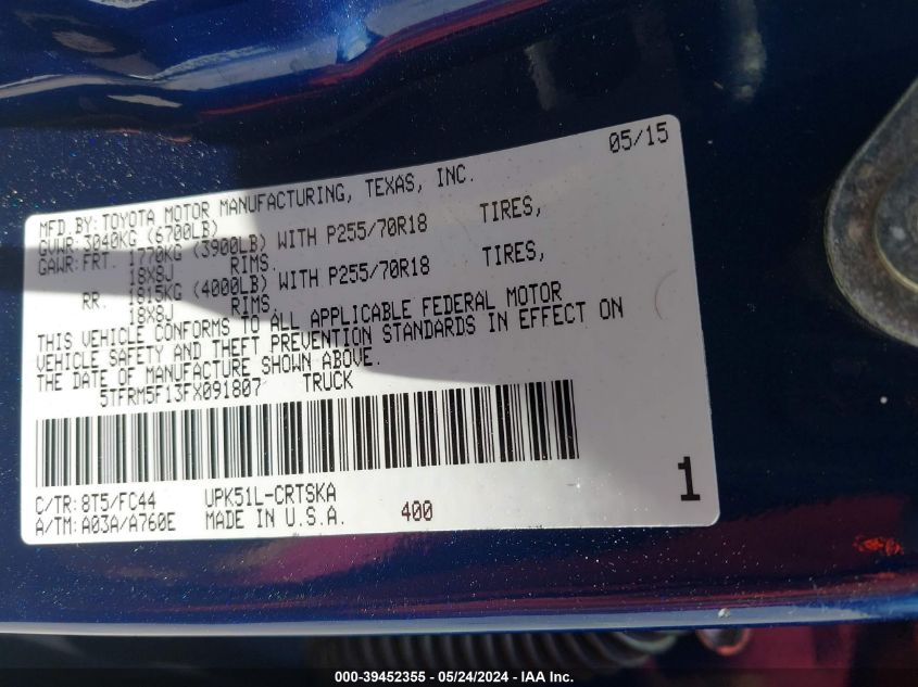 2015 Toyota Tundra Double Cab Sr/Sr5 VIN: 5TFRM5F13FX091807 Lot: 39452355