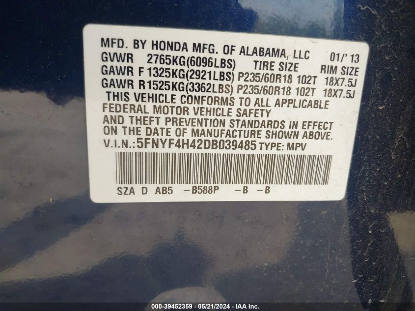 2013 Honda Pilot Ex VIN: 5FNYF4H42DB039485 Lot: 39452359