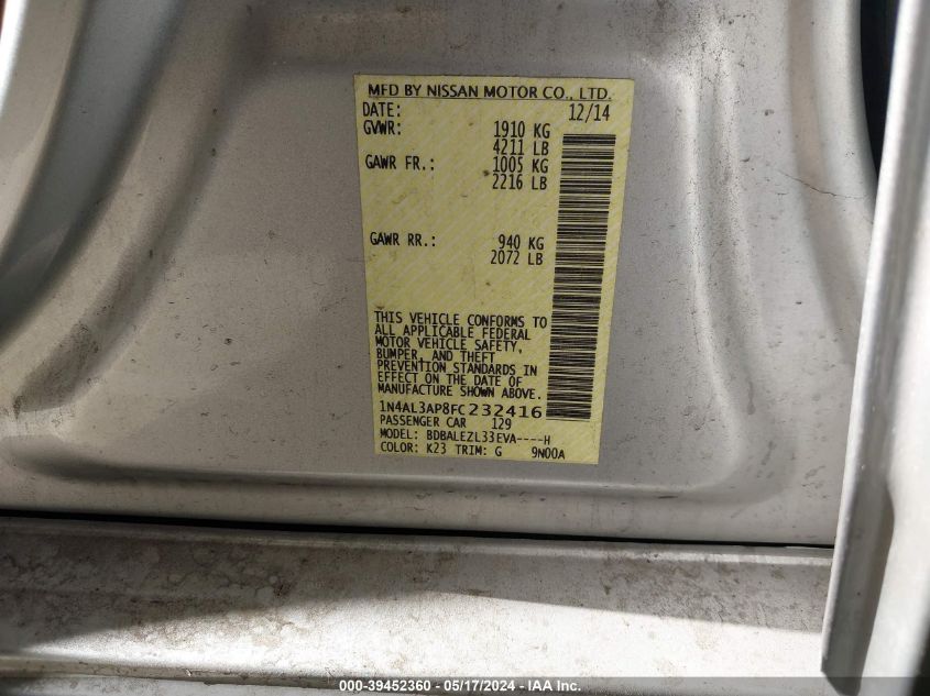 2015 Nissan Altima 2.5 S VIN: 1N4AL3AP8FC232416 Lot: 39452360