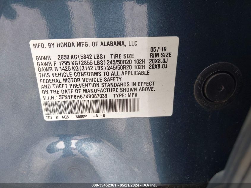 2019 Honda Pilot Touring VIN: 5FNYF6H67KB087039 Lot: 39452361