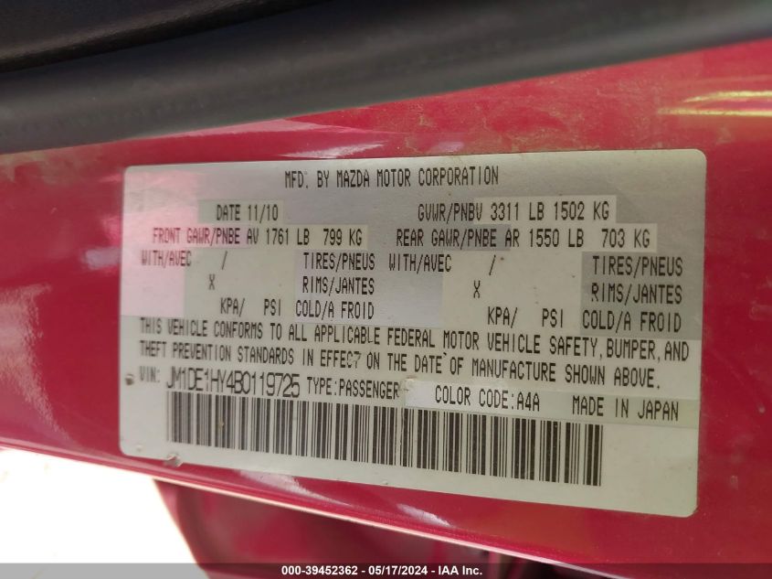 2011 Mazda Mazda2 Touring VIN: JM1DE1HY4B0119725 Lot: 39452362