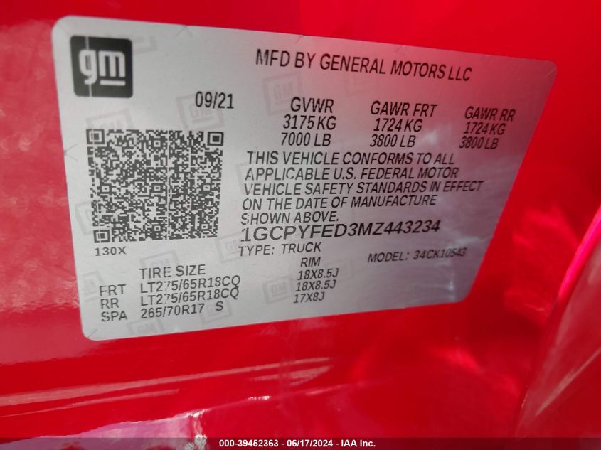 2021 Chevrolet Silverado 1500 4Wd Short Bed Lt Trail Boss VIN: 1GCPYFED3MZ443234 Lot: 39452363