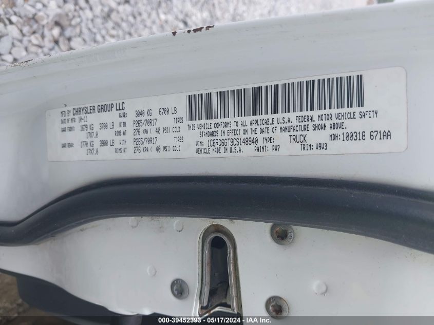 2012 Ram 1500 Slt VIN: 1C6RD6GT9CS148940 Lot: 39452393