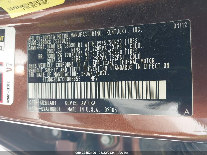 2012 Toyota Venza Xle V6 VIN: 4T3BK3BB7CU066855 Lot: 39452400