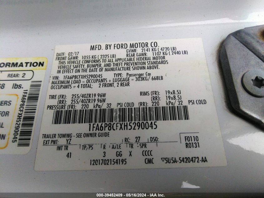 2017 Ford Mustang Gt Premium VIN: 1FA6P8CFXH5290045 Lot: 39452409