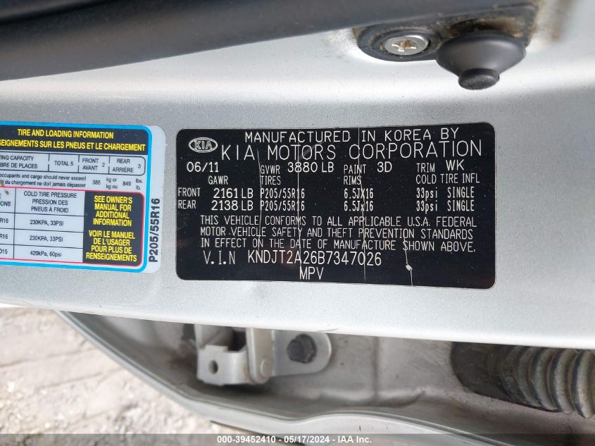 2011 Kia Soul + VIN: KNDJT2A26B7347026 Lot: 39452410