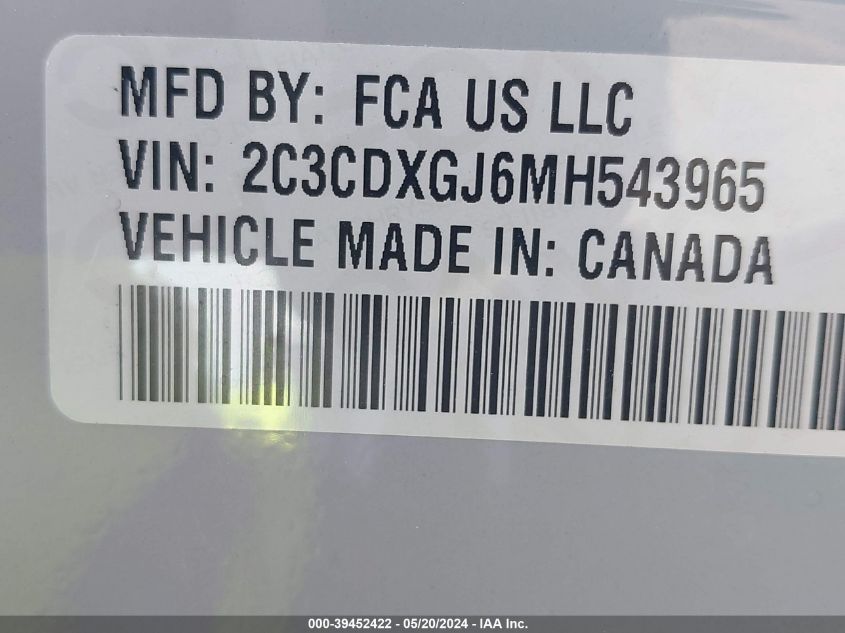2021 Dodge Charger Scat Pack Rwd VIN: 2C3CDXGJ6MH543965 Lot: 39452422