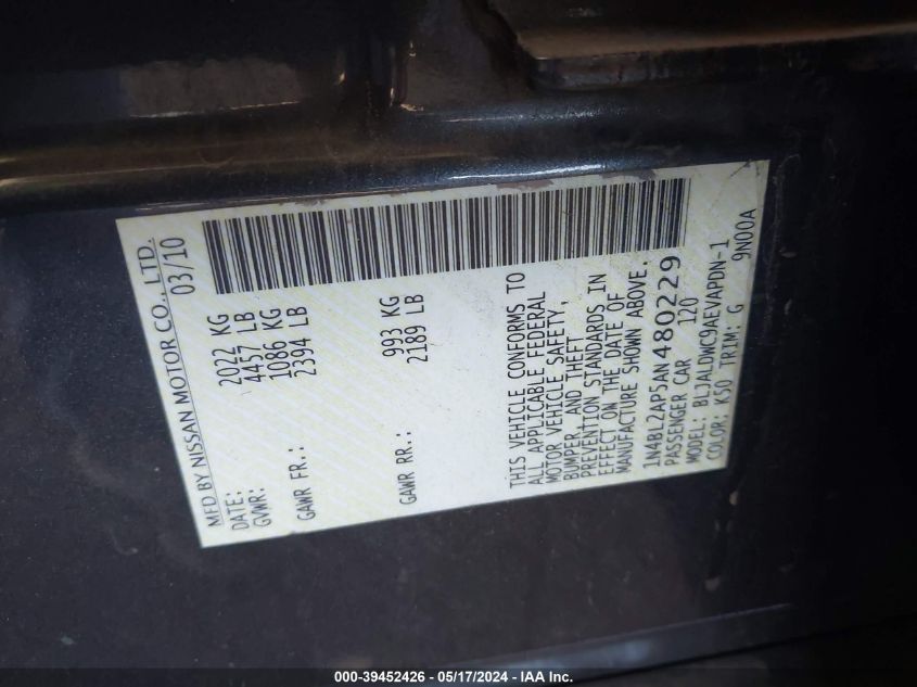 2010 Nissan Altima 3.5 Sr VIN: 1N4BL2AP5AN480229 Lot: 39452426