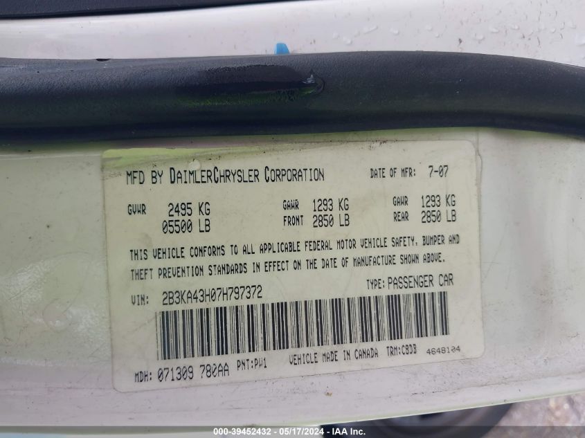 2007 Dodge Charger VIN: 2B3KA43H07H797372 Lot: 39452432