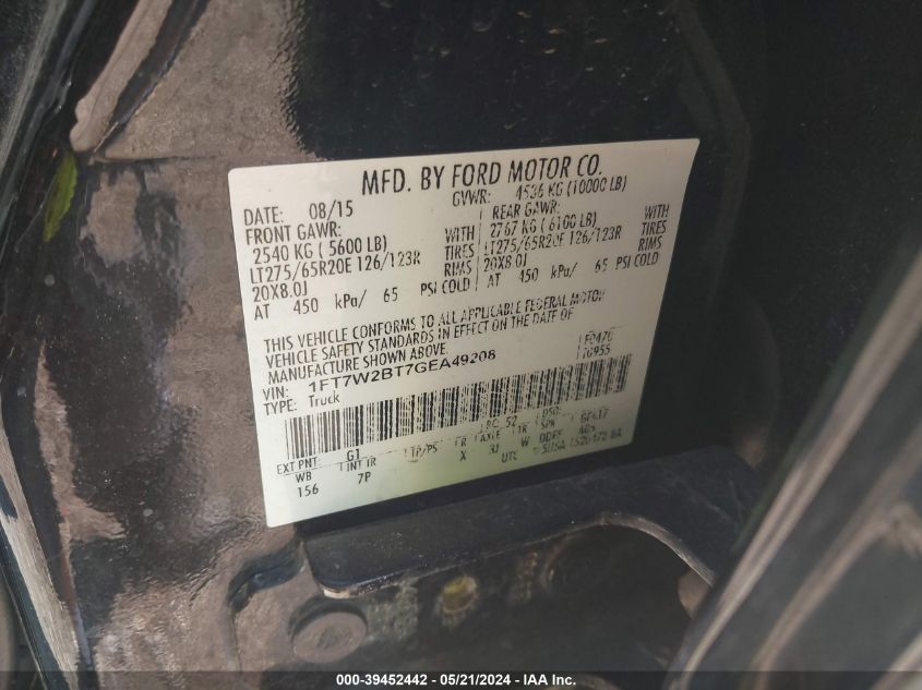 2016 Ford F-250 Lariat VIN: 1FT7W2BT7GEA49208 Lot: 39452442