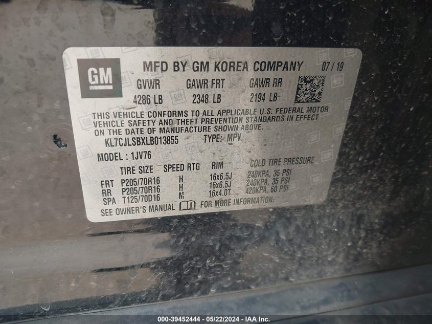 2020 CHEVROLET TRAX FWD LT - KL7CJLSBXLB013855