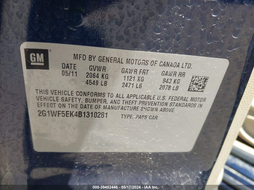 2011 Chevrolet Impala Ls VIN: 2G1WF5EK4B1310281 Lot: 39452446