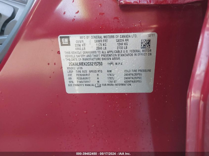 2012 GMC Terrain Sle-1 VIN: 2GKALMEK2C6215750 Lot: 39452450