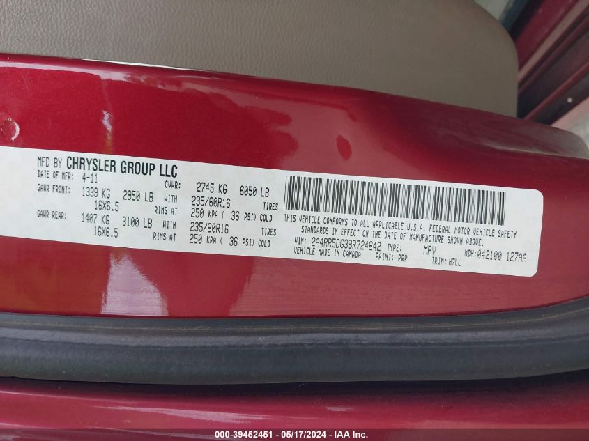 2011 Chrysler Town & Country Touring VIN: 2A4RR5DG3BR724642 Lot: 39452451