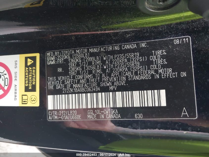 2011 Lexus Rx 350 VIN: 2T2ZK1BAXBC063494 Lot: 39452453