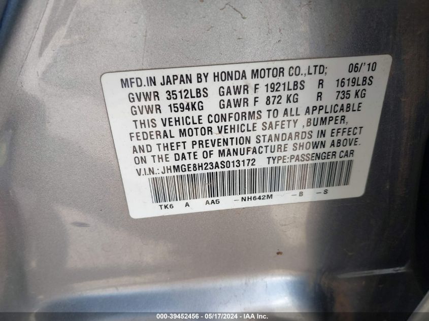 2010 Honda Fit VIN: JHMGE8H23AS013172 Lot: 39452456