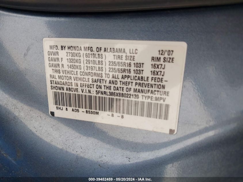 2008 Honda Odyssey Ex-L VIN: 5FNRL386X8B022139 Lot: 39452459