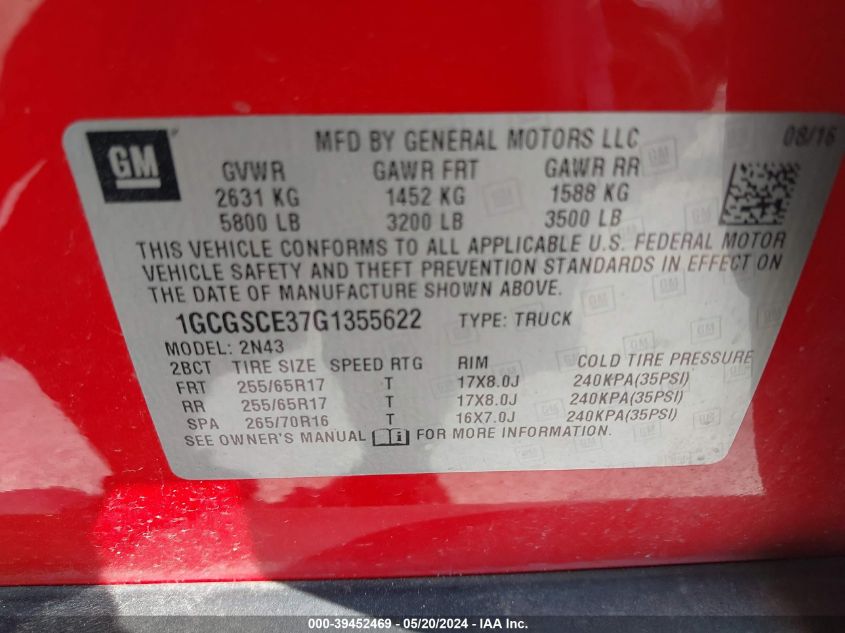 2016 Chevrolet Colorado Lt VIN: 1GCGSCE37G1355622 Lot: 39452469