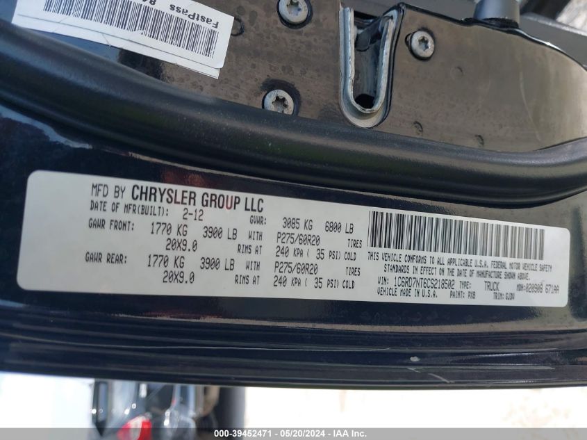 2012 Ram 1500 Laramie VIN: 1C6RD7NT6CS218502 Lot: 39452471